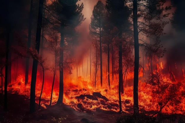 Un incendio boschivo sta bruciando sullo sfondo.