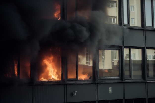 Un incendio brucia in un edificio con fumo nero che esce dalle finestre.