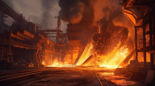 Un incendio brucia in una fabbrica di acciaio con le parole fuoco sul muro.