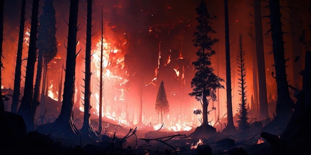 Un incendio brucia in una foresta con un albero in primo piano e un incendio sullo sfondo.