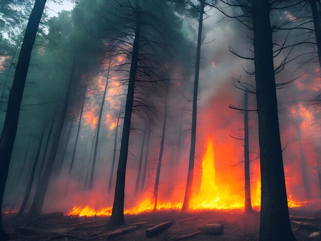 Un incendio brucia in una foresta con una foresta sullo sfondo.