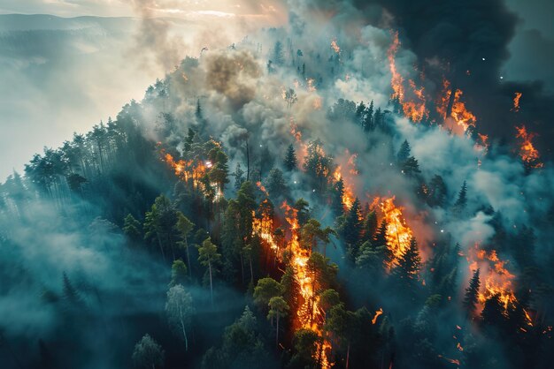 Un incendio forestale devastante che inghiotte gli alberi in fiamme con un fumo denso che cattura la furia della natura