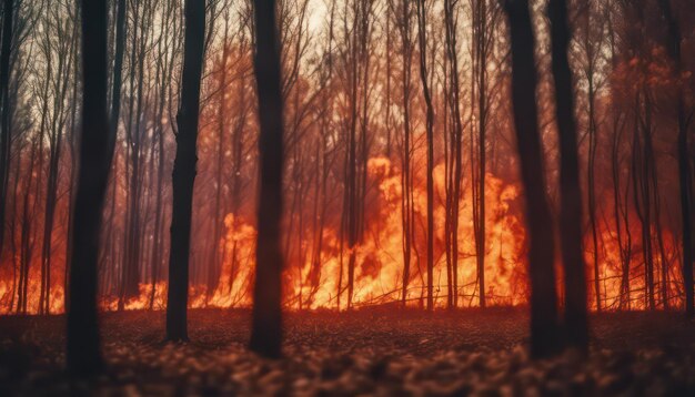 Un incendio in fiamme nella foresta al crepuscolo