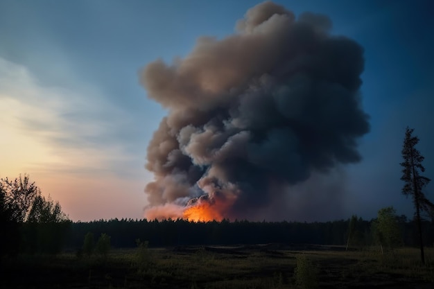 Un incendio nel cielo con un fumo scuro in primo piano