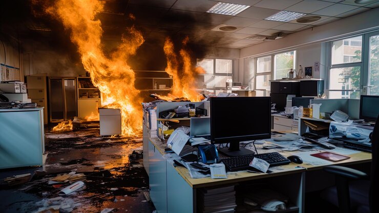 Un incendio nell'ufficio dove brucia la stampante