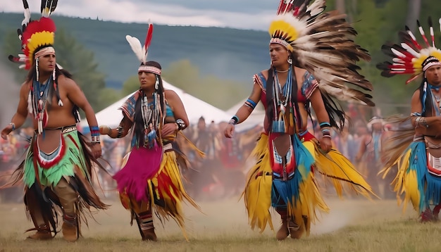Un incontro dei nativi americani con ballerini in abiti colorati e tamburi tribali