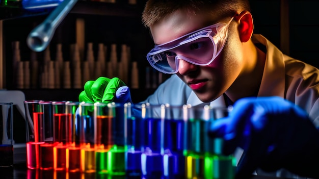 Un'incredibile immagine in primo piano di uno studente di scienze che maneggia meticolosamente un liquido durante un esperimento
