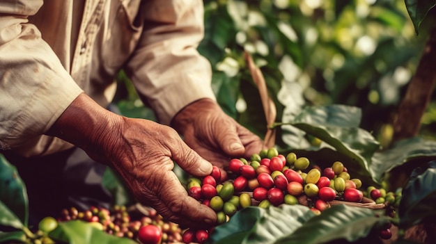 Un individuo che seleziona con attenzione il fondo rosso e verde della piantagione di caffè dei chicchi di caffè