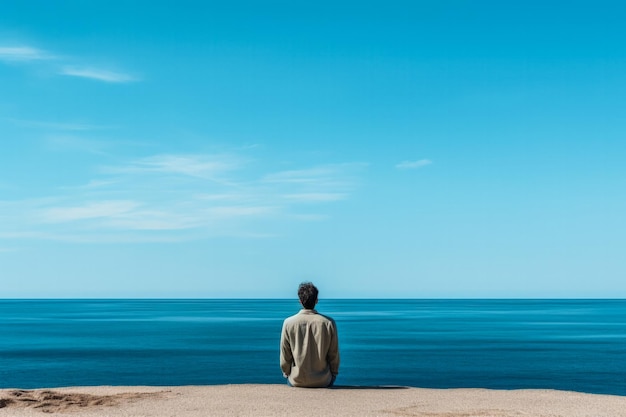 Un individuo desolato che guarda verso il mare isolato su uno sfondo blu gradiente