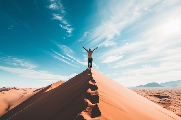 Un individuo su una duna di sabbia che guarda in alto al cielo aperto un momento sereno e introspettivo nella solitudine del deserto