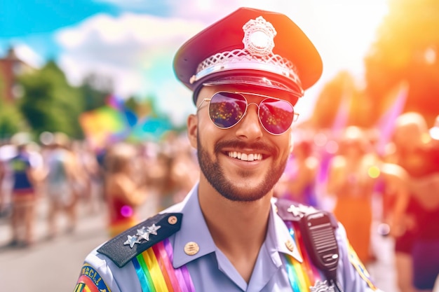 Un individuo vibrante indossa un'uniforme di polizia il Gay Pride Day diffondendo amore e sostegno