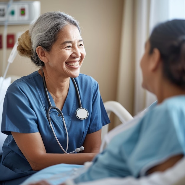 Un'infermiera asiatica compassionevole che indossa un'uniforme blu sta parlando con un paziente in un letto d'ospedale