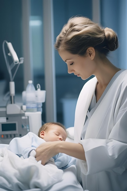 Un'infermiera che si prende cura di un bambino in ospedale