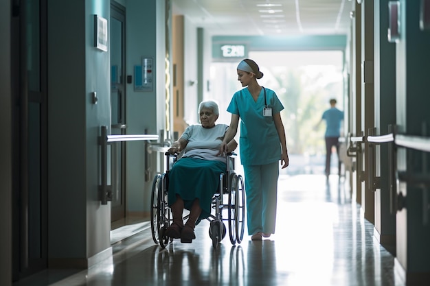 Un'infermiera che spinge un paziente su una sedia a rotelle attraverso le strutture mediche di un corridoio dell'ospedale