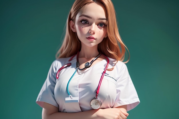 Un'infermiera con uno stetoscopio al collo si trova di fronte a uno sfondo verde.
