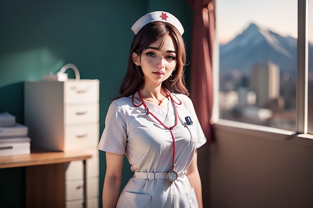 Un'infermiera in uniforme bianco si trova di fronte a una finestra con le montagne sullo sfondo.