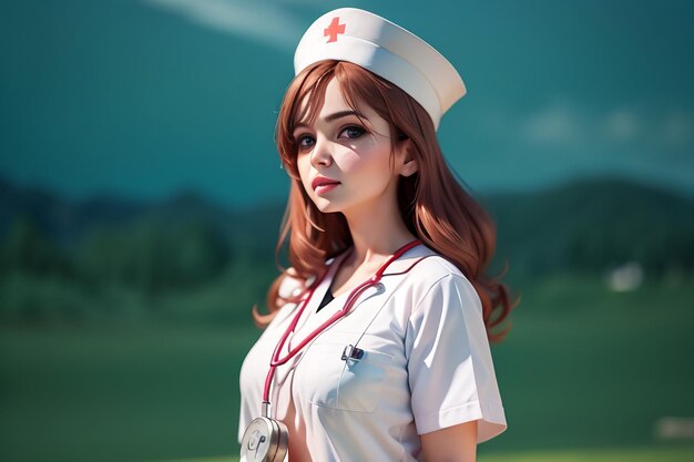 Un'infermiera in uniforme bianco si trova di fronte a una montagna.