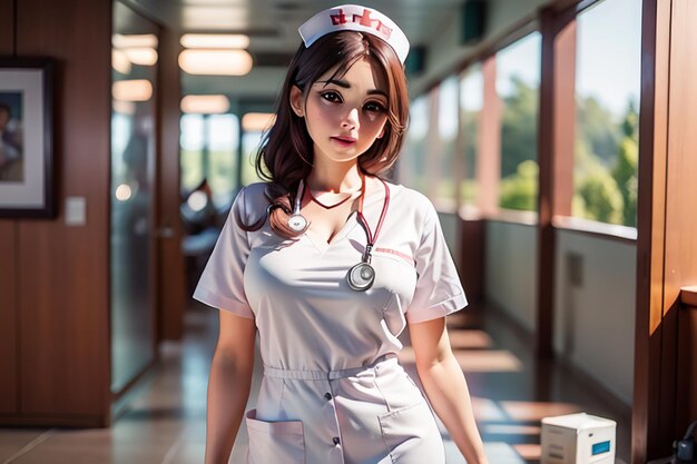 Un'infermiera in uniforme si trova in un corridoio.