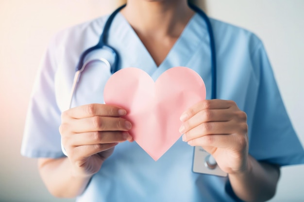 Un'infermiera tiene in mano un cuore di carta rosa.