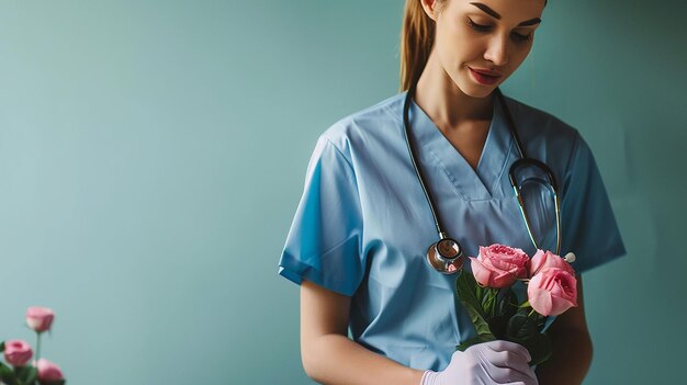 un'infermiera tiene un bouquet di rose con uno stetoscopio