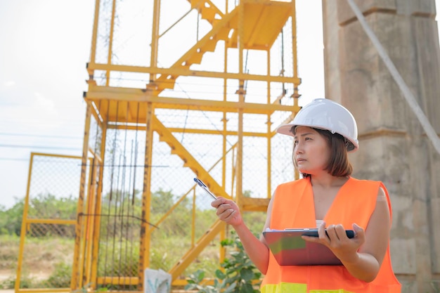 Un ingegnere asiatico lavora in un cantiere di costruzione di un ponte autostradale Lavoratore civile che ispeziona il lavoro sulla costruzione di attraversamenti