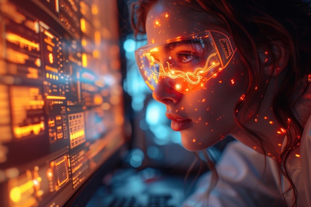 Un ingegnere cibernetico in un laboratorio illuminato al neon che integra componenti di IA in robotica futuristica