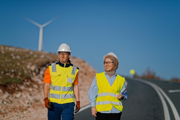Un ingegnere con un tablet e il suo collega ispezionano le turbine eoliche in un campo che dimostra il lavoro di squadra