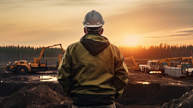 un ingegnere della costruzione maschile che indossa un ppe completo in piedi guardando il sito di costruzione