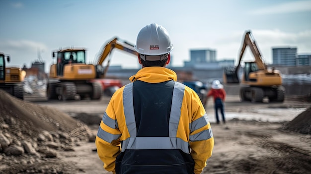 un ingegnere della costruzione maschile che indossa un ppe completo in piedi guardando il sito di costruzione