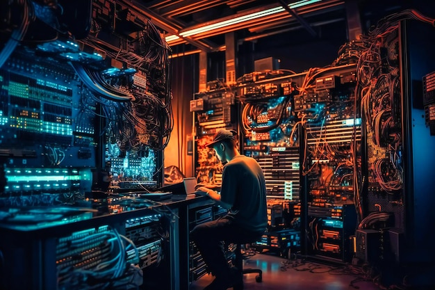 Un ingegnere di rete dedicato che mantiene meticolosamente e risolve i problemi delle apparecchiature in una sala server all'avanguardia