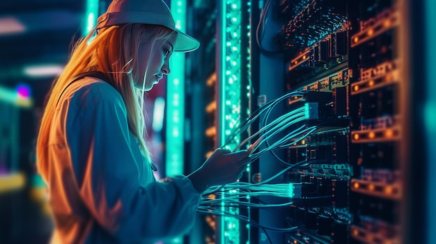 un ingegnere di rete femminile che collega i cavi nell'armadio del server mentre lavora