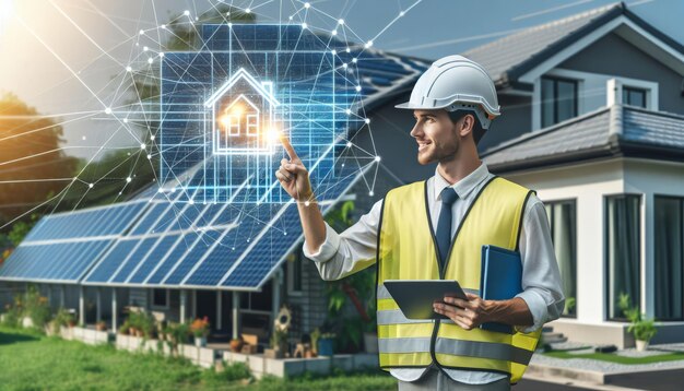 Un ingegnere in abiti da lavoro con un tablet progetta di installare apparecchiature per pannelli solari in una casa intelligente