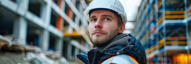 Un ingegnere maschio serio che indossa un casco bianco si trova di fronte a un edificio sembra concentrato e determinato nella sua ispezione del cantiere