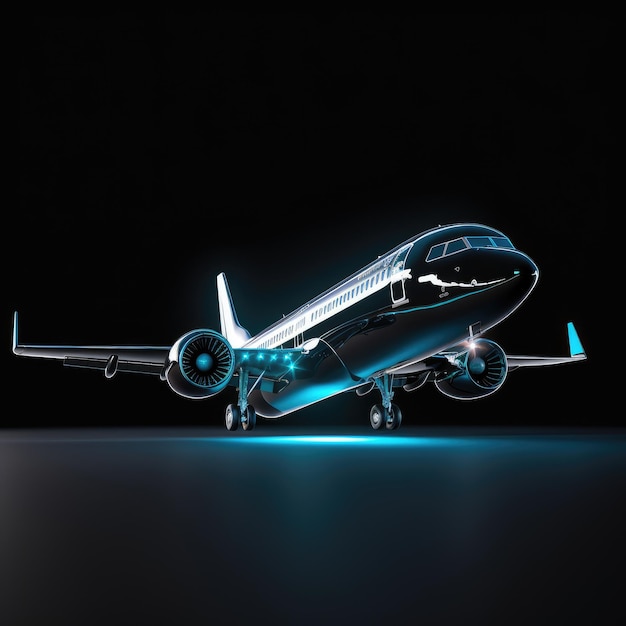 Un innovativo aereo animato in 3D vola su uno sfondo nero affascinante
