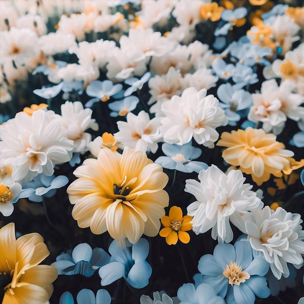 Un'inquadratura molto ampia di fiori nei colori giallo blu e bianco