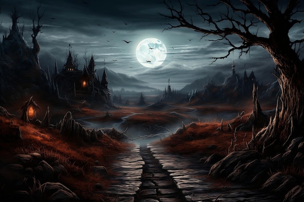 Un inquietante paesaggio di Halloween con una luna Generative Ai