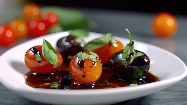 Un'insalata colorata e piccante fatta con pomodorini marinati aglio basilico fresco e un filo di aceto balsamico perfetta come contorno o pranzo leggero Generato da AI