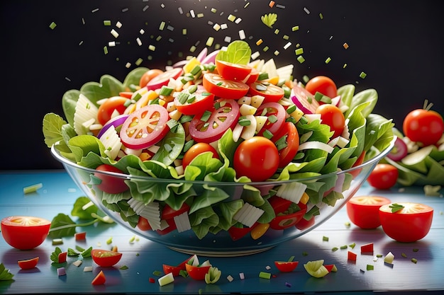 un'insalata con lattuga, pomodori, cipolle e spruzzate