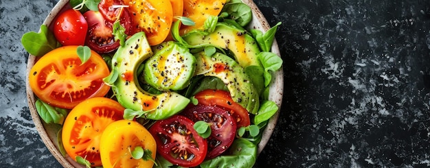 un'insalata con pomodori, avocado e altri frutti