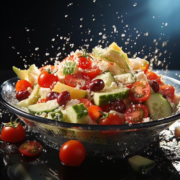 un'insalata con pomodori e cetrioli su un tavolo nero.