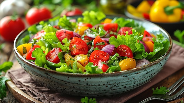 un'insalata con pomodori, lattuga e cipolle