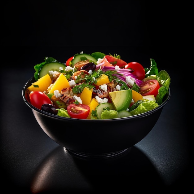 un'insalata con una ciotola di insalata nera e uno sfondo nero.