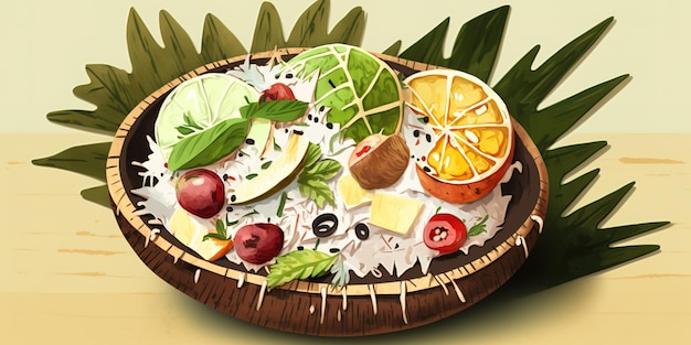 Un'insalata di frutta servita su un letto di foglie di cocco