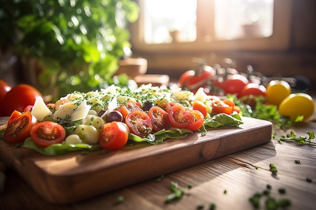 Un'insalata su un tagliere con una pianta sullo sfondo