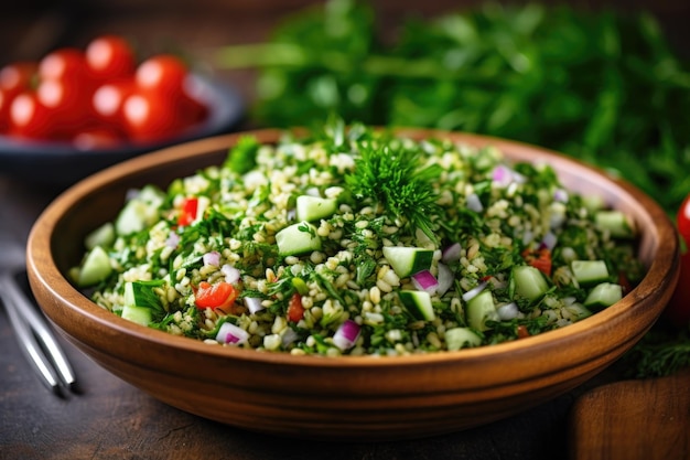 Un'insalata tabbouleh ricca di erbe fresche e cereali