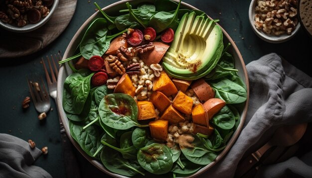 Un'insalata vegetariana gourmet con ingredienti biologici freschi su legno generato dall'IA