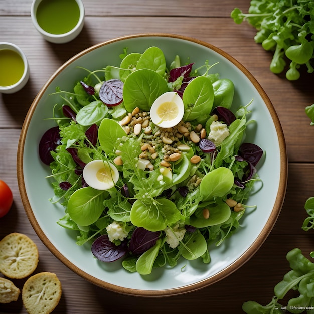 Un'insalata verde mista cotta alla perfezione con condimento alla vinaigrette Ai generativa