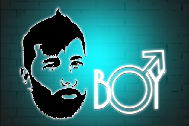 Un'insegna al neon con l'iscrizione uomo e un ritratto di un uomo con la barba.