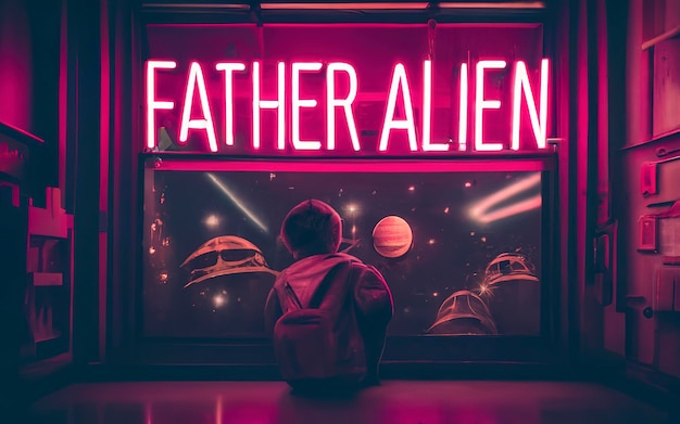 Un'insegna al neon con la scritta Father Alien nello spazio e astronavi sullo sfondo