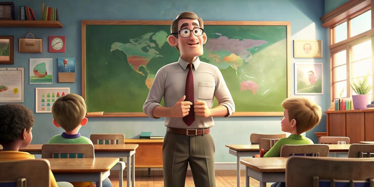 Un insegnante animato sta tenendo una lezione in una classe piena di studenti